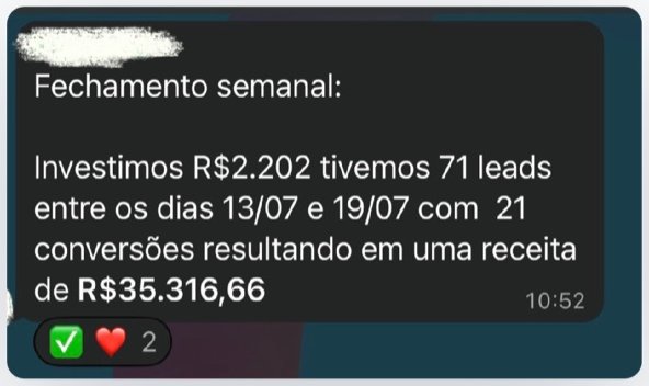 Mensagem de fechamento semanal: R$ 2.202 investidos, 71 contatos, 21 vendas e R$ 35.316,66 de receita